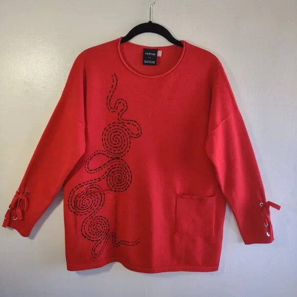 Cartise Red Sweater Top Black Sequins Festive Casual Bohemian Women Small - Picture 5 of 8
